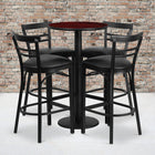 Flash Furniture 24'' Round Mahogany Laminate Table Set with Round Base and 4 Ladder Back Metal Bar Stools, Black Vinyl Seat-Set Includes 4 Bar Stools, Round Table Top and Round Base