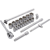 Dynamic Tools 1/2" Drive 22 Piece 6 Point Standard, SAE Socket Set, 3/8" - 1-5/16"-Contains: 3/8", 7/16", 1/2", 9/16", 5/8", 11/16", 3/4", 13/16", 7/8", 15/16", 1", 1-1/16", 1-1/8", 1-3/16", 1-1/4", 1-5/16", 5" & 10" Extensions, 45 Tooth Ratchet, Universal Joint, Flex Handle, T-handle