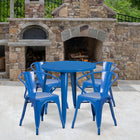 30'' Round Blue Metal Indoor-Outdoor Table Set with 4 Arm Chairs (CH-51090TH-4-18ARM-BL-GG)-30"W x 30"D x 29.50"H
