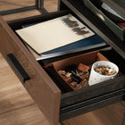 Sauder 57"W Canton Lane L-Desk - Grand Walnut-Brew Oak finish with Grand Walnut accents.