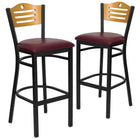 Flash Furniture HERCULES Series Black Slat Back Metal Restaurant Barstool - Natural Wood Back & Burgundy Vinyl Seat - 2 Pack-Set of 2 Metal Dining Bar Stools