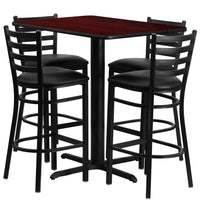 Flash Furniture 24''W x 42''L Rectangle Mahogany Laminate X-Base Table Set with 4 Ladder Back Metal Bar Stools, Black Vinyl Seat-Black Powder Coated Chair and Table Frame