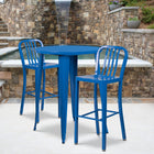 30'' Round Blue Metal Indoor-Outdoor Bar Table Set with 2 Vertical Slat Back Barstools [CH-51090BH-2-30VRT-BL-GG]-30"W x 30"D x 41"H