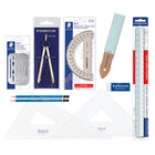 Staedtler® – Trousse de dessin technique pour débutant, 11 pièces-Le kit comprend un compas, une règle graduée, des équerres, une gomme, un rapporteur, un crayon 100% PEFC Mars Lumograph 2H, un crayon 100% PEFC Mars Lumograph 4H, un pochoir et du papier abrasif, un gabarit à effacer