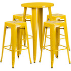 24'' Round Yellow Metal Indoor-Outdoor Bar Table Set with 4 Square Seat Backless Barstools (CH-51080BH-4-30SQST-YL-GG)-Indoor Outdoor Sets