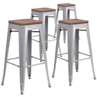 Flash Furniture 30" High Backless Silver Metal Barstool with Square Wood Seat-Set of 4 Stackable Industrial Style Modern Stools