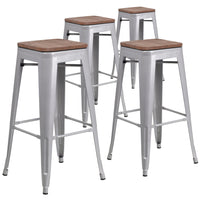Flash Furniture 30" High Backless Silver Metal Barstool with Square Wood Seat-Set of 4 Stackable Industrial Style Modern Stools