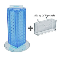 Azar Displays 4"W x 12"H x 4"D 4-Sided Pegboard Gift Card Display with Revolving Base. Translucent Blue (700229-BLU)-Includes 16 pockets for standard gift cards & Acrylic Sign Holder strip and stands on a 9" round revolving base
