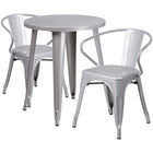 24'' Round Silver Metal Indoor-Outdoor Table Set with 2 Arm Chairs (CH-51080TH-2-18ARM-SIL-GG)-Indoor Outdoor Sets