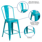 Flash Furniture Commercial Grade 24" High Crystal Teal-Blue Metal Indoor-Outdoor Counter Height Stool with Back-Footrest