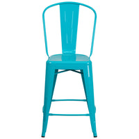 Flash Furniture 24" High Crystal Teal-Blue Metal Indoor-Outdoor Counter Height Stool with Back-Bistro Style Counter Stool