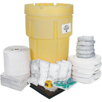 Zenith Safety 95-Gallon Spill Kits, Oil Only, With Overpack Drum-Contents: 50 Sorbent Pads (15" x 17"), 5 Sorbent Socks (3" x 48"), 5 Sorbent Pillows (8" x 18"), 4 Sorbent Booms (5" x 10"), 1 Sorbent Roll (15" x 150'), 1 Drain Cover (36" x 36"), 1 Caution Tape (3" x 300'), 2 Pairs Nitrile Gloves, 2XL (11) , 2 Pairs Safety Goggles (One Size), 2 Microporous coveralls (X-Large), 10 Disposal Bags (26" x 36")