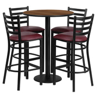 Flash Furniture 30" Round Walnut Laminate Table Set with Round Base & 4 Ladder Back Metal Barstools - Burgundy Vinyl Seat-Bar Height Table and Stool Set