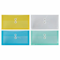 JAM Paper Plastic Envelopes with Button & String Tie Closure #10 Business Booklet - 5 1/4" x 10" - Assorted Colours - 24 Pack-Colours: Clear, Yellow, Blue, Teal