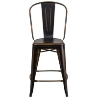 Flash Furniture 24" High Distressed Copper Metal Indoor-Outdoor Counter Height Stool with Back-Bistro Style Counter Stool