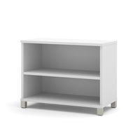 Pro-Linea 2-Shelf Bookcase, White-Durable 1" commercial grade top surface with melamine finish that resists scratches, stains and wears. This bookcase offers metal legs and two shelves, one of which is adjustable. This unit meets or exceeds ANSI/BIFMA performance standards. Finished back.