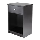 Winsome Squamish Accent table With 1 Drawer, Black-Simple and functional Squamish Accent Table dubs perfectly as a nightstand.  Comes with one Drawer and an open cabinet for storage.  Overall table size 23.82" H. x 15.75" W. x 12.5" D. Drawer inside dimension is 4.41" H. x 12.75" W. x 9.68" D.   Open Cabinet size is 14.48" H. x 14.25" W. x 11.06" D.  Black veneer on composite wood.  Assembly Required.