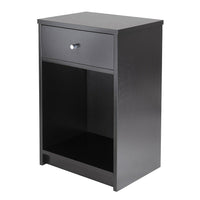 Winsome Squamish Accent table With 1 Drawer, Black-Simple and functional Squamish Accent Table dubs perfectly as a nightstand.  Comes with one Drawer and an open cabinet for storage.  Overall table size 23.82" H. x 15.75" W. x 12.5" D. Drawer inside dimension is 4.41" H. x 12.75" W. x 9.68" D.   Open Cabinet size is 14.48" H. x 14.25" W. x 11.06" D.  Black veneer on composite wood.  Assembly Required.