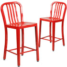 Flash Furniture Commercial Grade 24" High Metal Indoor-Outdoor Counter Height Stool with Vertical Slat Back - Red - 2 Pack-500 lb. Static Weight Capacity