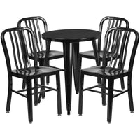 24'' Round Black Metal Indoor-Outdoor Table Set with 4 Vertical Slat Back Chairs [CH-51080TH-4-18VRT-BK-GG]-Metal Cafe Table