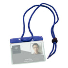 Beslayn Horizontal Heavy Duty Vinyl All-In-One Colour ID Badge Holder with Neck Cord, 3-5/8" x 2-5/8", Clear, Blue, 50 Pack-All-in-one colour vinyl badge holders with adjustable neck cord