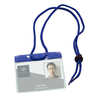 Beslayn Horizontal Heavy Duty Vinyl All-In-One Colour ID Badge Holder with Neck Cord, 3-5/8" x 2-5/8", Clear, Blue, 50 Pack-All-in-one colour vinyl badge holders with adjustable neck cord