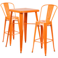 Flash Furniture 23.75" Square Orange Metal Indoor-Outdoor Bar Table Set with 2 Stools with Backs-Bar Height Table and Stool Set