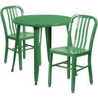 30'' Round Green Metal Indoor-Outdoor Table Set with 2 Vertical Slat Back Chairs [CH-51090TH-2-18VRT-GN-GG]-Metal Cafe Table
