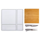 Luciano Porcelain Platter with Bamboo Cutting Board and Knife Set, 13 inches, White-Material: the serving tray is made of high-quality, delicate porcelain, cutting board is made of natural bamboo, and knife & fork are made of premium-quality stainless steel