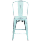 Flash Furniture 24" High Distressed Green-Blue Metal Indoor-Outdoor Counter Height Stool with Back-Bistro Style Counter Stool