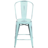 Flash Furniture 24" High Distressed Green-Blue Metal Indoor-Outdoor Counter Height Stool with Back-Bistro Style Counter Stool