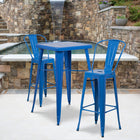 Flash Furniture 23.75" Square Blue Metal Indoor-Outdoor Bar Table Set with 2 Stools with Backs-Set Includes Table and 2 Stools