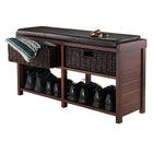 Winsome Colin Cushion Bench with Baskets-Bench is made with combination of solid and composite wood in Cappuccino finish.  Assembly Require.