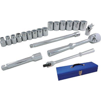 Gray Tools 20 Piece 1/2" Drive 12 Point SAE, Standard Chrome Socket & Attachment Set-Contains: 3/8", 7/16", 1/2", 9/16", 5/8", 11/16", 3/4", 13/16", 7/8", 15/16", 1, 1 1/16", 1 1/8", 1 3/16", 1 1/4" sockets, Reversible Ratchet, Flex Handle, Universal Joint and 5" & 10" Extensions.