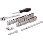 Dynamic Tools 1/4" Drive 28 Piece 6 Point, SAE/Metric Standard Socket Set, 3/16" - 9/16", 4mm - 15mm-Contains: 10 Standard SAE Sockets: 3/16", 7/32", 1/4", 9/32", 5/16", 11/32", 3/8", 7/16", 1/2", 9/16", 13 Standard Metric Sockets: 4, 5, 5.5, 6, 7, 8, 9, 10, 11, 12, 13, 14, 15mm, 2" & 6" Extensions, Hand Driver, universal Joint, 45 Tooth Chrome Ratchet