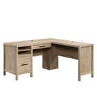 Sauder 58"W Pacific View L-Desk - Prime Oak-File drawer with full extension slides holds letter or European size hanging files