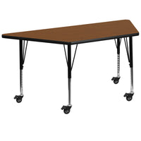 Flash Furniture Mobile 29.5"W x 57.25"L Trapezoid Oak HP Laminate Activity Table - Height Adjustable Short Legs-Collaborative Trapezoid Activity Table