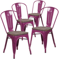 Flash Furniture Purple Metal Stackable Chair with Wood Seat-Set of 4 Stackable Bistro Style Chairs