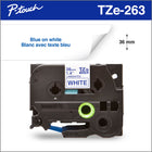 Brother Genuine TZe263 Laminated Tape for P-touch Label Makers - 36 mm wide x 8 m long - Blue on White-Perfect for everyday labelling applications in the home, office or workplace like file organization, barcoding, USB flash drives, office supplies, pantry and freezer contents, kids’ items and equipment