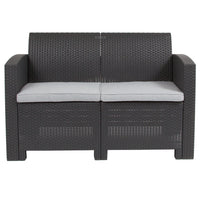 Flash Furniture Dark Gray Faux Rattan Loveseat with All-Weather Light Gray Cushions-Contemporary Outdoor Loveseat