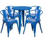 24'' Round Blue Metal Indoor-Outdoor Table Set with 4 Arm Chairs (CH-51080TH-4-18ARM-BL-GG)-Indoor Outdoor Sets