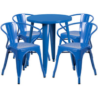 24'' Round Blue Metal Indoor-Outdoor Table Set with 4 Arm Chairs (CH-51080TH-4-18ARM-BL-GG)-Indoor Outdoor Sets