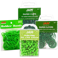 JAM Paper Office Supply Assortment, 1 pack Rubber Bands, Push Pins, Paper Clips, Round Paperclips, Green, 4/Pack (3224GROASRT)-Assortment of Four Different Green Office Supplies