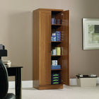 Sauder Home Plus Storage Cabinet, Sienna Oak Finish-Side by side doors conceal four adjustable shelves