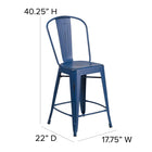 Flash Furniture Commercial Grade 24" High Distressed Antique Metal Indoor-Outdoor Counter Height Stool with Back - Blue-Footrest
