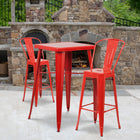 Flash Furniture 23.75" Square Red Metal Indoor-Outdoor Bar Table Set with 2 Stools with Backs-Set Includes Table and 2 Stools