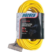 Aurora Tools Outdoor Vinyl Extension Cords With Light Indicator, 12/3 Awg, 15 A, 3 Outlet(S), 50'-Amps 15 A