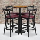 Flash Furniture 24'' Round Natural Laminate Table Set with Round Base and 4 Ladder Back Metal Bar Stools, Burgundy Vinyl Seat-Set Includes 4 Bar Stools, Round Table Top and Round Base