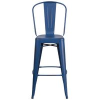 Flash Furniture 30"H Distressed Antique Blue Metal Indoor-Outdoor Barstool with Back-Bistro Style Barstool