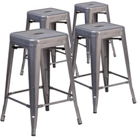Flash Furniture 24'' High Backless Clear Coated Metal Indoor Counter Height Stool with Square Seat - 4 Pack-Set of 4 Stackable Industrial Style Modern Stools